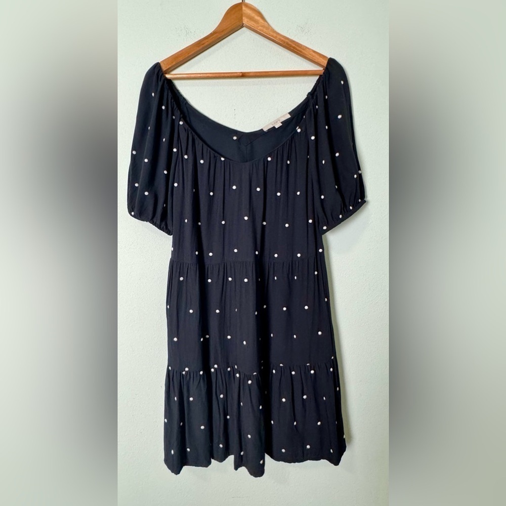 LOFT Puff Sleeve Embroidered Polka Dot Tiered Swing Dress Size Medium - Picture 4 of 10